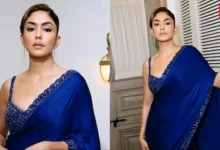 Mrunal Thakur, Cobalt Blue Saree, Diwali Bash